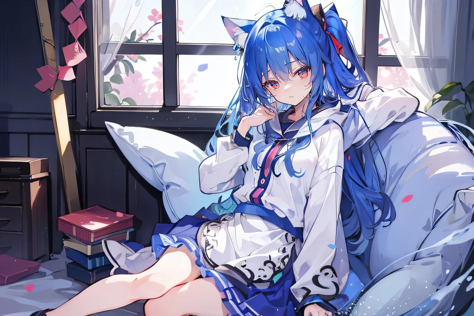 （masterpiece：1.2），Super detailed，lifelike，Expressive eyes，fair skin，perfect face shape，1 girl，
Japanese comics,Gorgeous blue hair,flowing blue hair,flowing clothes,Cat ears,Petals fall,beautiful lola,Baby Angel,
Shaking head with one hand，Cross your legs，Gentle and peaceful background，The pavilion is cool and comfortable,smile, wearing hoodie, In front of the window,snowing