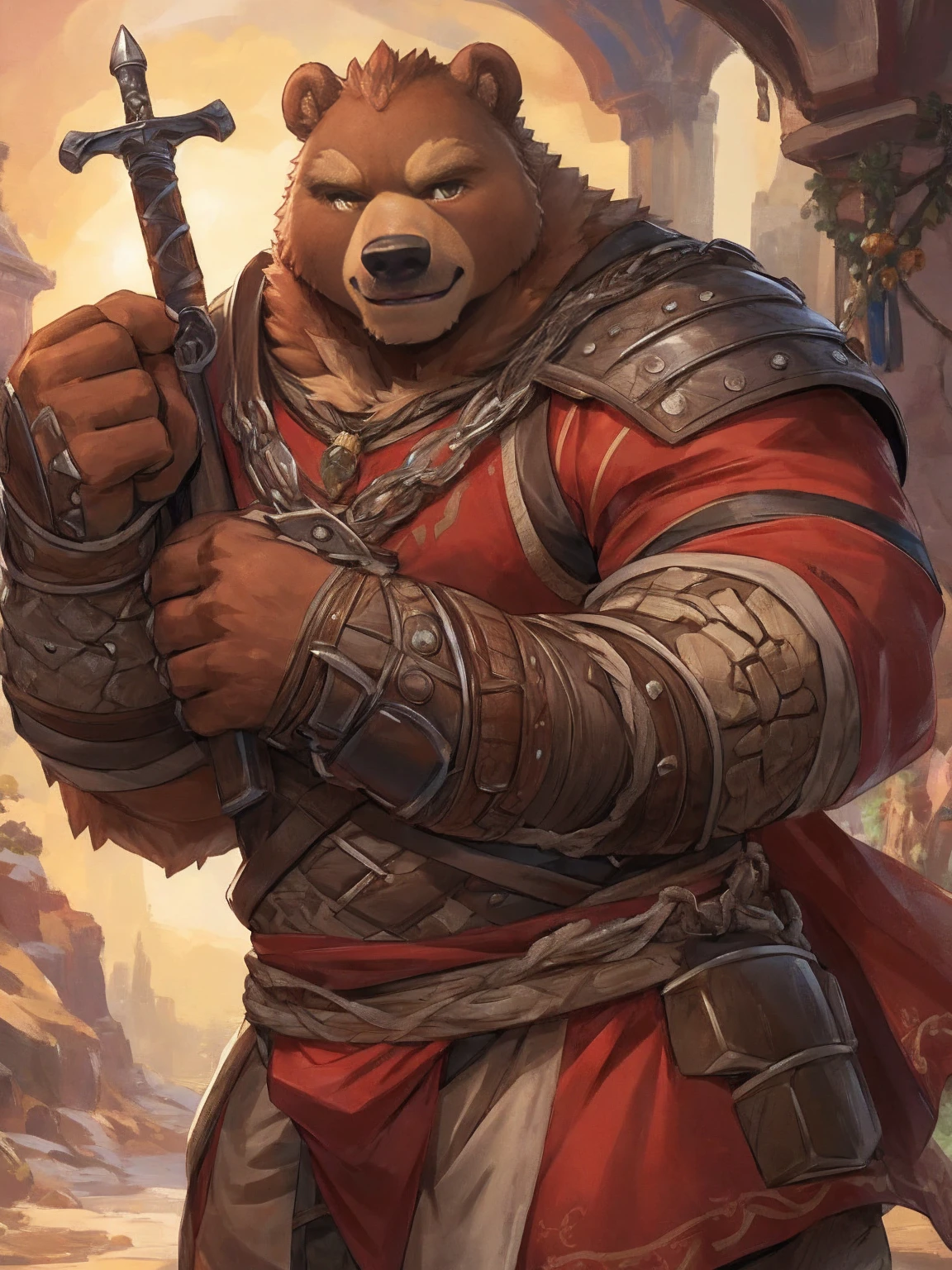 1. **type**:Bear 2. **gender**:Male 3. **appearance**:Brown fur,Golden Eyes,thick physique 4. **Clothing and Decoration**:((Wearing mercenary clothing)),Carrying a huge sword on his back, #### Scenography 1. **background**:日本style的山間寺廟,寺廟周圍有Cherry tree和Stone lanterns 2. **detail**:Sakura petals falling in the air,Mountain peaks are faintly visible in the distance #### Text content 1. **theme**:Glory and Protection 2. **intonation**:Solemn and inspiring 3. **Sentence Structure**:`"Guard the Faith,"Defend the Glory"` #### 圖像style 1. **style**:Epic and traditional combined, 2. **tone**:Soft pinks combined with stately browns and golds,Highlighting the majesty of the samurai and the beauty of the cherry blossoms #### 其他detail 1. **Posture and expression**: - Bear站在寺廟前,Hold a greatsword,firm eyes,Show protection and determination 2. **background元素**: - 日本style的寺廟,Cherry tree,Stone lanterns,Falling cherry blossom petals,distant mountain peaks ### final design 1. **role conception** - **Bear**:Brown fur,Golden Eyes,thick physique。穿著Wearing mercenary clothing,Carrying a huge sword on his back,。 2. **Scenography** - **background**:日本style的山間寺廟,寺廟周圍有Cherry tree和Stone lanterns。Sakura petals falling in the air,Mountain peaks are faintly visible in the distance。 3. **Text content** - below or above the diagram,Written in a solemn and inspiring font:`"Guard the Faith,"Defend the Glory"` ### Image design recommends that you use design software(Like Photoshop、Procreate等)To realize this picture。The following are specific step-by-step recommendations: 1. **background創建**:畫出日本style的山間寺廟background,包括Cherry tree、Stone lanterns、Falling cherry blossom petals和distant mountain peaks。 2. **character drawing**:根據描述繪製男性Bear角色,特別注意武士鎧甲和巨劍的detail。 3. **Posture and expression**:Bear站在寺廟前,Hold a greatsword,firm eyes,Show protection and determination。 4. **Add text**:Choose the right location,使用莊嚴和鼓舞的字體將Text content`"Guard the Faith,"Defend the Glory"`Add to diagram。