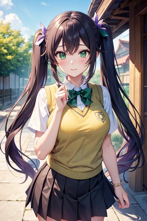 nozomitoujou, nozomi toujou, (green eyes:1.5), purple hair, twintails, low twintails, scrunchie, long hair, (large breast:1.2),
BREAK otonokizaka , pleated skirt, , short sleeves, skirt, summer uniform, sweater vest, yellow sweater vest,
BREAK looking at viewer,
BREAK outdoors, shrine,
BREAK (masterpiece:1.2), best quality, high resolution, unity 8k wallpaper, (illustration:0.8), (beautiful detailed eyes:1.6), extremely detailed face, perfect lighting, extremely detailed CG, (perfect hands, perfect anatomy),
