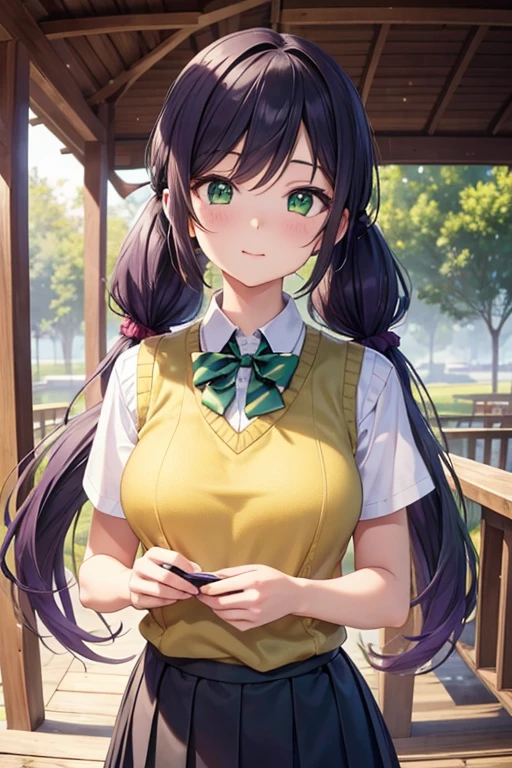 nozomitoujou, nozomi toujou, (green eyes:1.5), purple hair, twintails, low twintails, scrunchie, long hair, (large breast:1.2),
BREAK otonokizaka , pleated skirt, , short sleeves, skirt, summer uniform, sweater vest, yellow sweater vest,
BREAK looking at viewer,
BREAK outdoors, shrine,
BREAK (masterpiece:1.2), best quality, high resolution, unity 8k wallpaper, (illustration:0.8), (beautiful detailed eyes:1.6), extremely detailed face, perfect lighting, extremely detailed CG, (perfect hands, perfect anatomy),