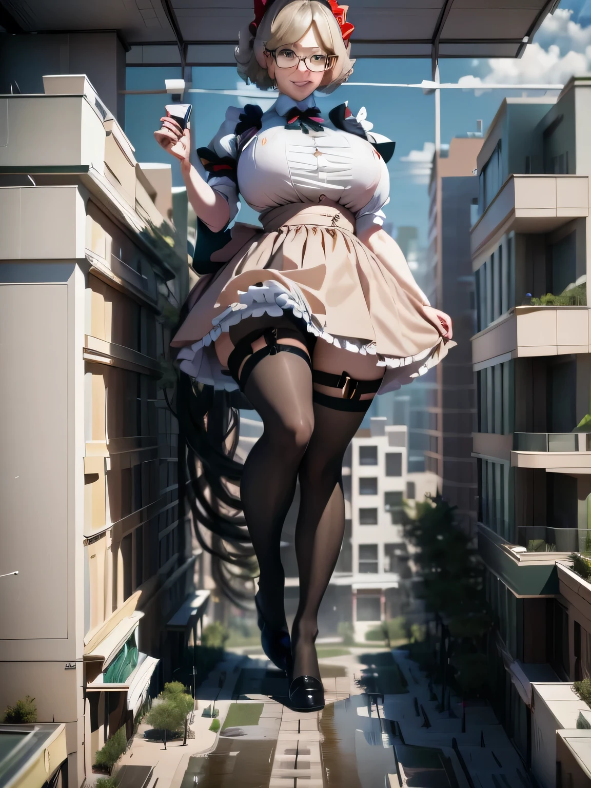 a plan of a city, giantess art, 非常に詳細なGiantショット, Giant, short hair, black pantyhose, A maid that is much bigger than a skyscraper, wearing rimless glasses, big breasts, big butt, navy maid uniform, black pantyhose, black shoes, very small metropolis, miniature metropolis, full body description, gts, giga giantess, stomping city, crash city, tiny city, micro city, maid, 