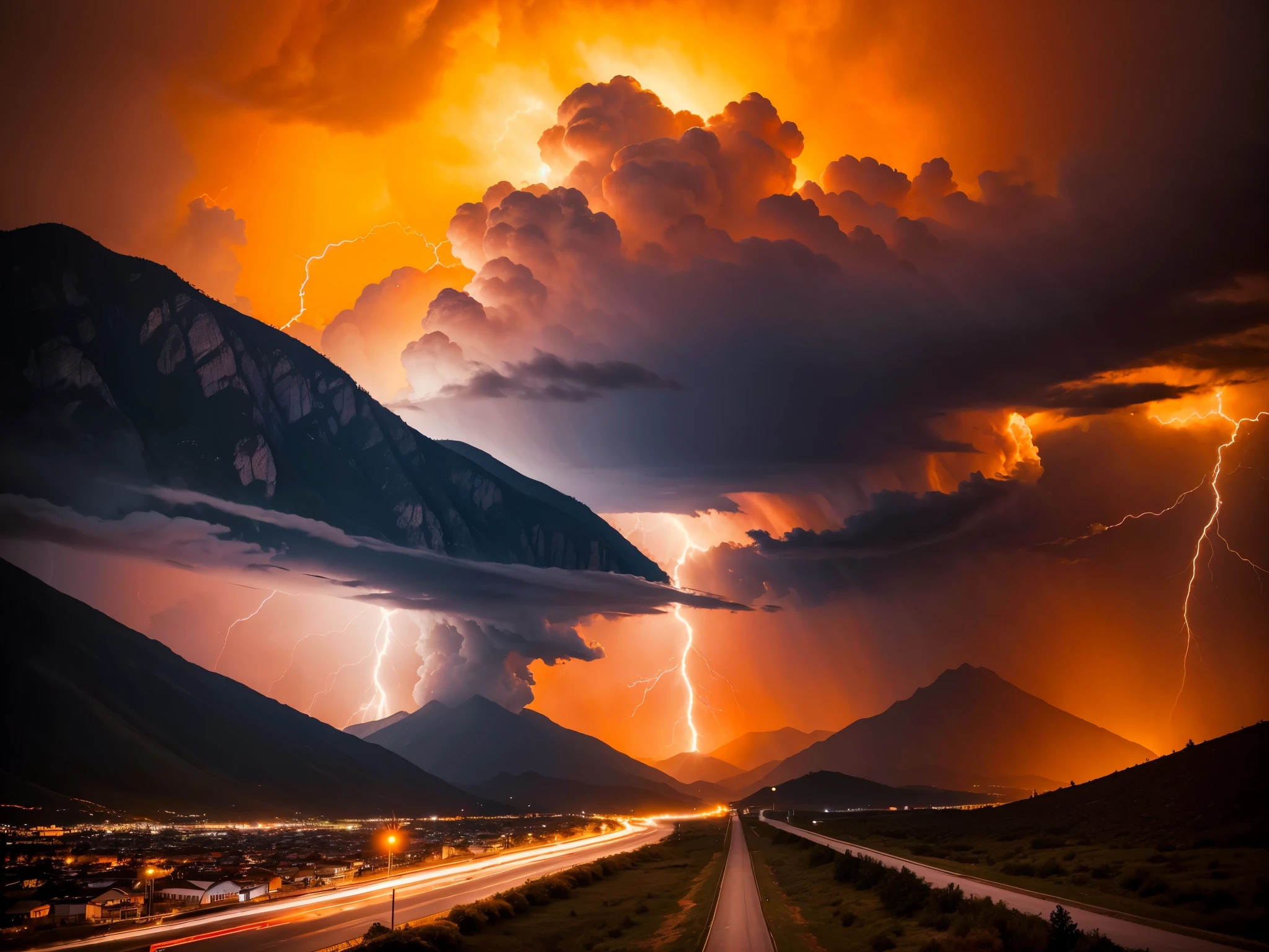 ((best qualityer)), ((work of art)), orange background, mountainscape, hurricane, lightning strikes, Tornado