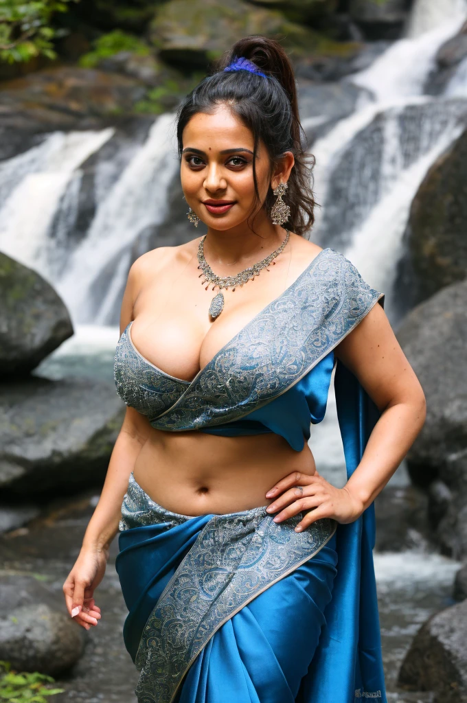 day scene, low angle photo of naked preeti jhangiani, big cheeks, see through scarf, open arms, swooping breasts, jumping high, waterfalls, hourglass figure, armpits, (blue eyes:1), ponytail, necklace, 30 yo, look at viewer and smile, (cinematic:1.3), intricate details, (ArtStation:1.2)