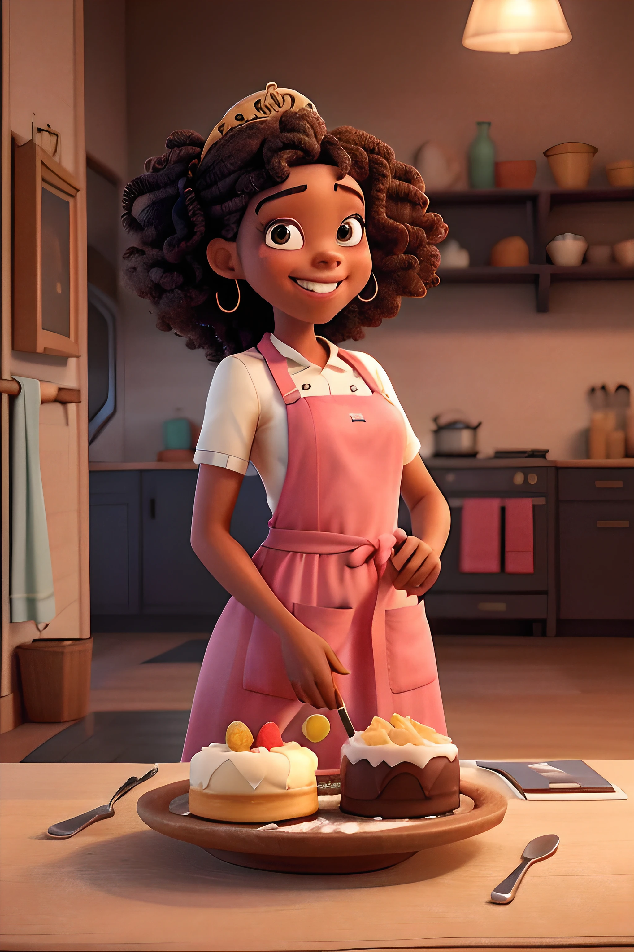 ((best qualityer)), ((work of art)), (detailded). black baker with curly and voluminous hair, inspired by the princess Tiana style with a pink apron. She should be in a vibrant and welcoming kitchen, surrounded by cakes, colorful sweets and ingredients. The focus should be on your confident smile and elegant apron, while she prepares a delicious dessert. The atmosphere must convey joy and creativity.