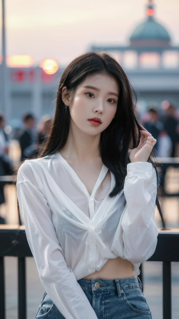 (8k, best quality, masterpiece, super fast:1.2) Beautiful pictures of pretty Japanese girls, Beautiful seductive fashion modern painting, looking at viewer, ((sunset background)), (1 woman), (White see-through shirt long sleeves), ((Black short denim skirt)), ((bite)),black hair, medium hair, High-angle photo of gorgeous woman, realistic skin texture, I look up, (nudity), round chin, 50mm art lens, F 1. 2, sharp focus, 8k 고화질, incredibly detailed, convoluted, elegant, D-cup breasts, dynamic pose, , deep division