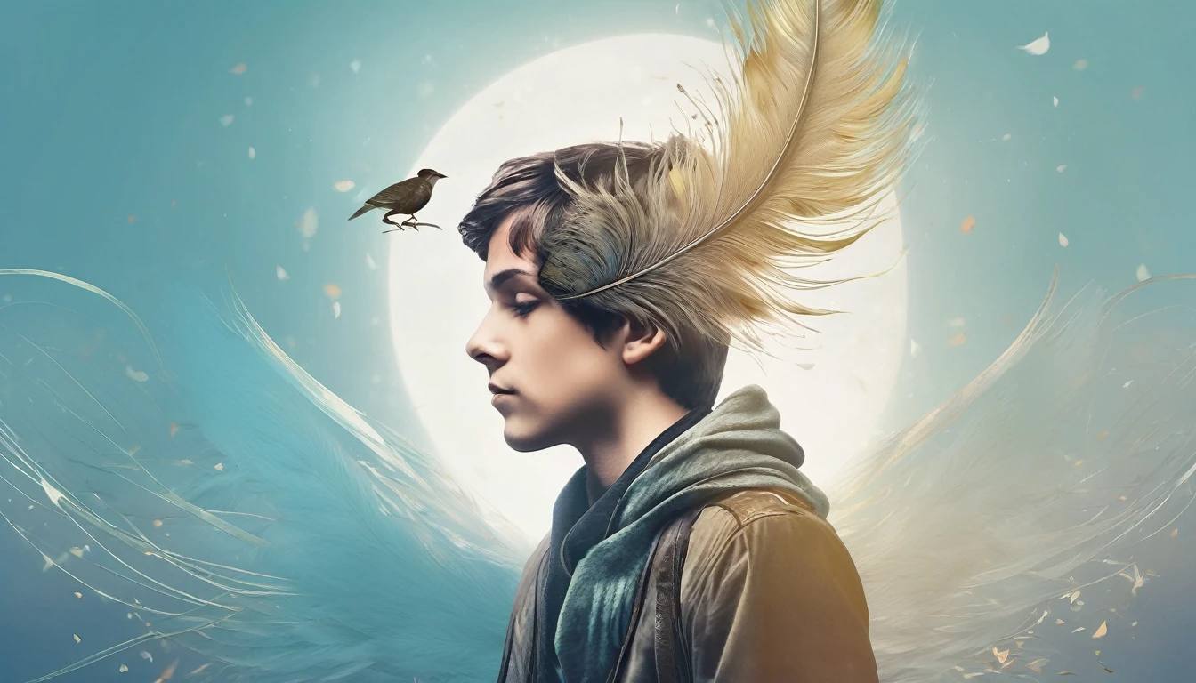 Create a professional, fantastic, cinematic dream-like Youtube Banner for a brand about music, stories, fantasy and dreams called " Penamemoria". Masterpiece, 4k, sharp focus, highest quality,wide shot. The title is " Penamemoria". Is a brand about the creative, unique journey of a boy into becoming a musician storyteller. In his journey he finds inspiration in a world of birds and feathers. Minimalistic, simple, poetic, dreamy logotype at the center of the image. The Background image is a world full of fantastic feathers, unique birds, light blue sky, soft white and light golden. Logo design of a face of a boy and a face of a feather