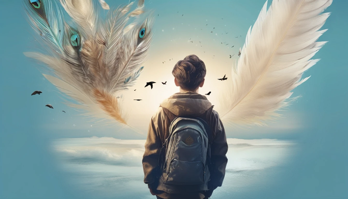 Create a professional, fantastic, cinematic dream-like Youtube Banner for a brand about music, stories, fantasy and dreams called " Penamemoria". Masterpiece, 4k, sharp focus, highest quality,wide shot. The title is " Penamemoria". Is a brand about the creative, unique journey of a boy into becoming a musician storyteller. In his journey he finds inspiration in a world of birds and feathers. Minimalistic, simple, poetic, dreamy logotype at the center of the image. The Background image is a world full of fantastic feathers, unique birds, light blue sky, soft white and light golden. Logo design of a face of a boy and a face of a feather