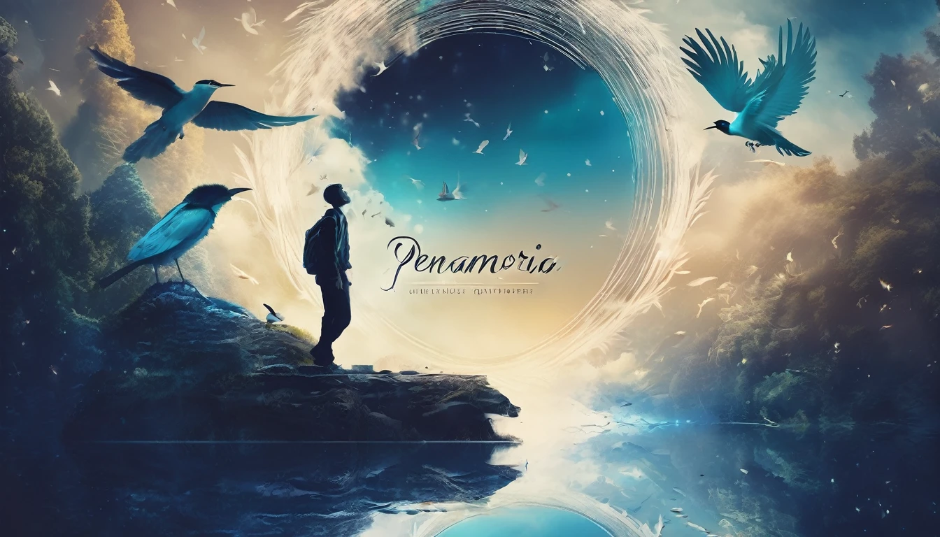 Create a professional, fantastic, cinematic dream-like Youtube Banner for a brand about music, stories, fantasy and dreams called " Penamemoria". Masterpiece, 4k, sharp focus, highest quality,wide shot. The title is " Penamemoria". Is a brand about the creative, unique journey of a boy into becoming a musician storyteller. In his journey he finds inspiration in a world of birds and feathers. Minimalistic, simple, poetic, dreamy logotype at the center of the image. The Background image is a world full of fantastic feathers, unique birds, light blue sky, soft white and light golden. Logo design of a face of a boy and a face of a feather