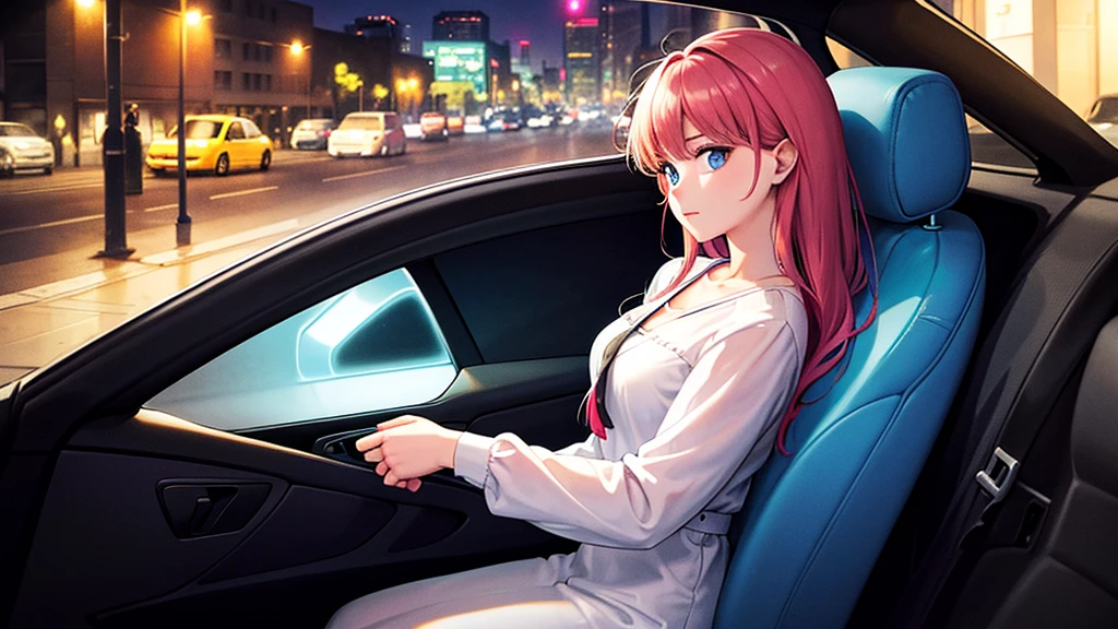 Create an image from the angle inside a car, showing a woman with a thoughtful expression on her face as she gazes out of the side window at the cityscape、 The city outside should be visible, illuminated by streetlights and neon signs、 Use soft, pastel colors and subtle gradients to capture a dreamy, reflective atmosphere、Ensure the interior of the car feels cozy and comfortable, adding to the overall serene vibe、