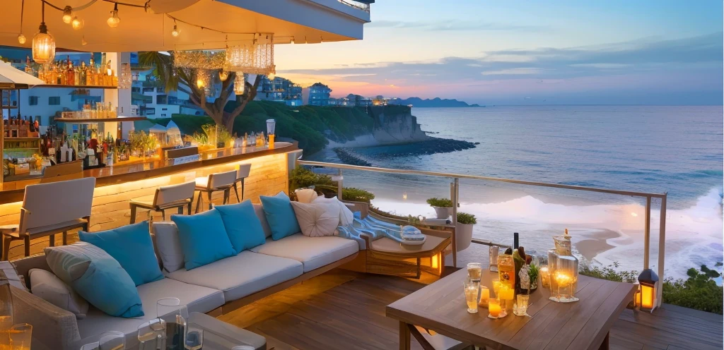 arafed outdoor seating area with a bar and Sea view, Overlooking the sea, comfortable environment, Overlooking the beach, Peaceful evening atmosphere, Sea view悬崖, Sea view, Paradise in the background, In the seaside environment, Sea view, Beautiful Ambience, Beautiful terrace, Close to the sea, Peaceful atmosphere, Relaxed atmosphere