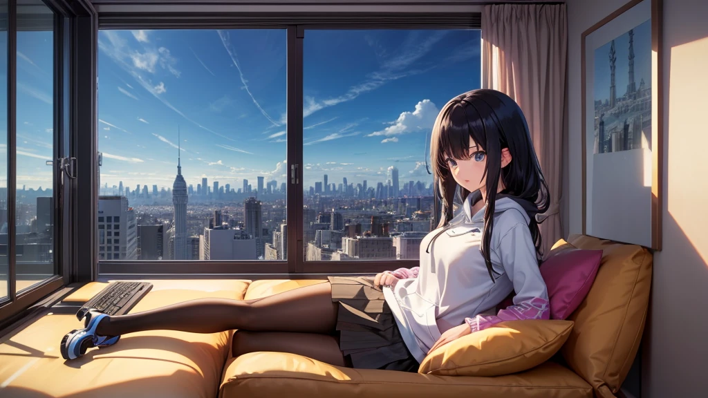 Ultra-high resolution, 8k, (Official Art, beautifully、mysterious:1.2), Anime Art Wallpaper, Works by Makoto Xin Haicheng, Lofi Art Style, Lo-fi feel, Perfect human body engineering, 1 female, mysteriousな瞳, Oversized hoodie and short skirt, Shiny long black hair, Larger than average bust, Listening to music through headphones, Looking out the window, City Room, A room for music lovers, city view from the window, Impressive cityscape, Bright Sky, meteor, Wide angle, Before dusk