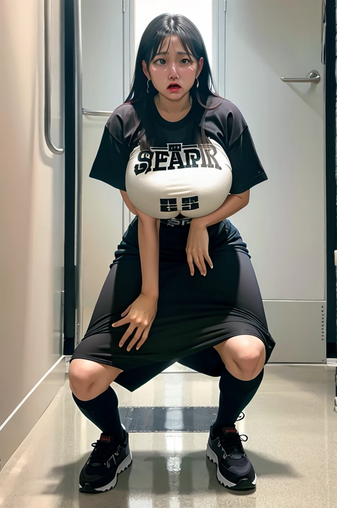 big breast, standing, shirt, crying, big areola, tranparent cloth, squatting, speard legs,