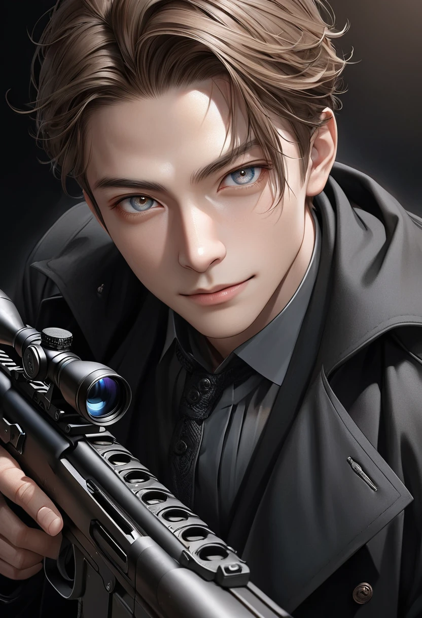 Handsome boy dynamic sniper, A brown-haired man in a black trench coat points a gun at the camera as a sniper ( perfect anatomy )
Detailed face. realistic eyes. The face and eyes are very detailed. delicate skin.、delicate skin texture smile,
Black trench coat dark shadow background, Black Soft Light, Professional photography master'artwork, texture, complicated, Clear, High-quality masterpieces,
Extremely complicated and exquisitely detailed, Super detailed, Super detailed digital art