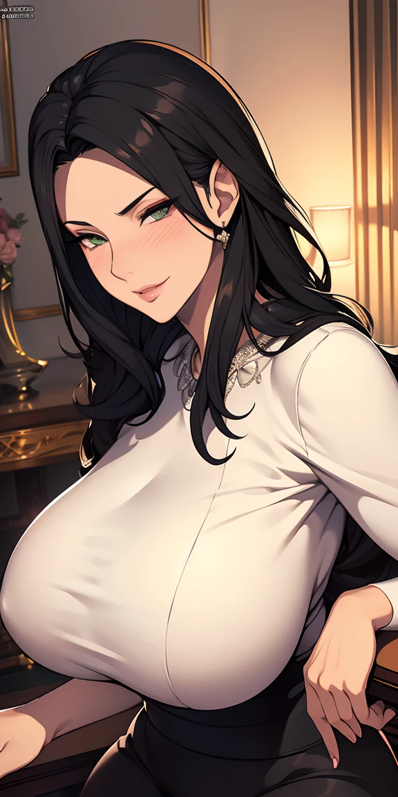Milf, mature woman, elegant, (black hair), long hair, (silver eyes), casual clothes, (((buxom))), bodice, fur trim, portrait, upper body, curvaceous, 4k resolution, high quality, lurid smile, lewd smile, slight blush