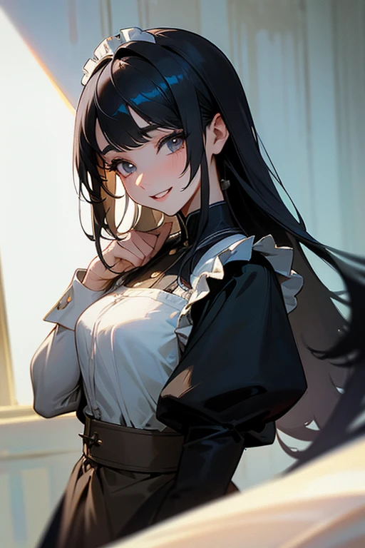 (Highest Resolution, clear_image) Highest quality, single, One woman, alone, masterpiece, Very detailed, Semi-realistic, Black Hairのショートヘア, Black Hair, bangs, 18-year-old, mature, Light blue , Indoor Background, kind, Authoritative, Powerful, exquisite features, exquisite features、Eyelashes become longer、Showing teeth、smile😀、Maid clothes、woman&#39;Fingers in the、Sleeping on the sofa、Long Hair、Fluttering in the wind、((Off-the-shoulder clothing))