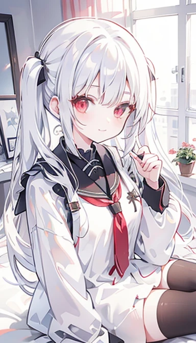 White hair, twin tails, red eyes, girl, smile, bed