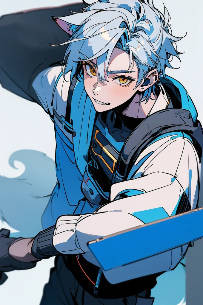 ((high quality)), 4k resolution, 1male, bluewhite, short-haired, yellow eyes, handsome, attractive, (wolf ears), (wolf tail), gijinka, anime boy, [cowboy camera shot], visual novel pose, half-body camera shot, looking at camera, smiling, 2D anime art style, ((solid white background)), flat