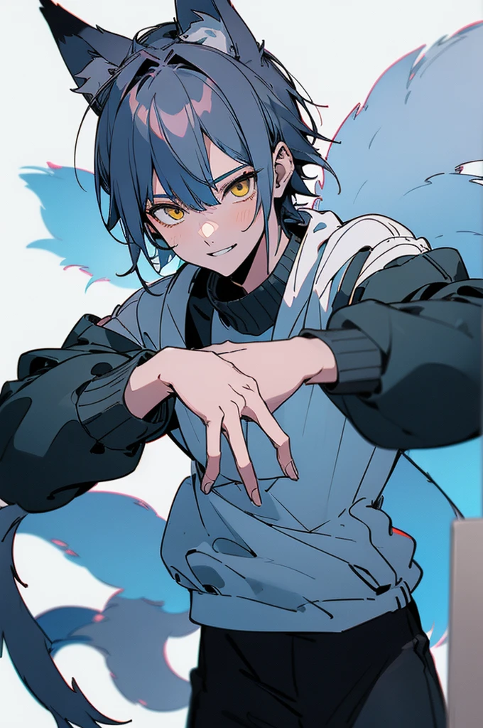 ((high quality)), 4k resolution, 1male, bluewhite, short-haired, yellow eyes, handsome, attractive, (wolf ears), (wolf tail), gijinka, anime boy, [cowboy camera shot], visual novel pose, half-body camera shot, looking at camera, smiling, 2D anime art style, ((solid white background)), flat