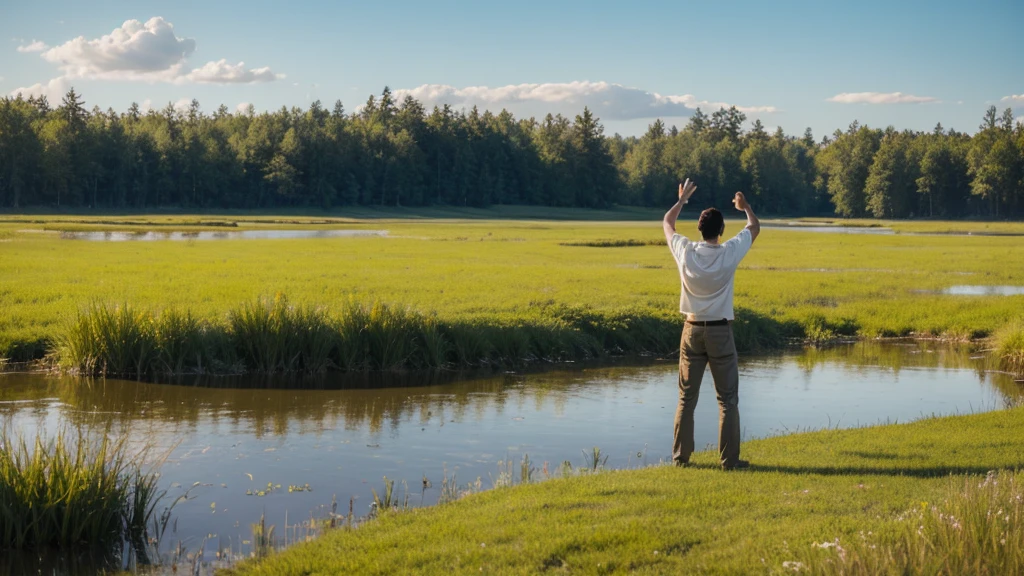 Plains Marsh，A man standing in the middle，Back，Open your arms，Decorative paintings