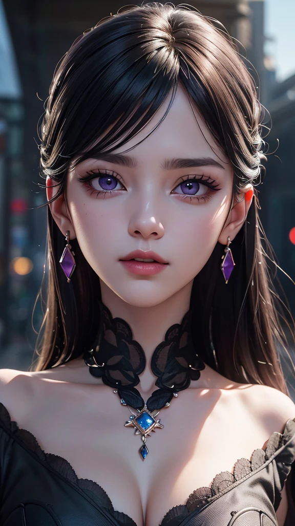 picture, (Full body:1.4), (detailed Face and eye:1.4), Purple eyes,Deep rifts, colorFul, color photography oF woman, (dark makeup), necklace, Earrings, (Dark lipstick), Split lips, sharp Focus, Focus on Face, Insanely sharp details, Very detailed, gigantic breasts in Frame, 4K HQ, 8k, depth oF Field, F/1.2, Leica, 8k HDR, High contrast, Highly retouched, Shadows, sad, Award-winning photography, The best photographers.