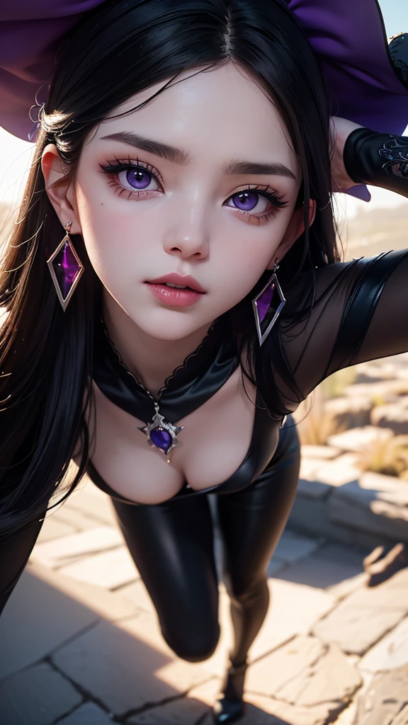 picture, (Full body:1.4), (detailed Face and eye:1.4), Purple eyes,Deep rifts, colorFul, color photography oF woman, (dark makeup), necklace, Earrings, (Dark lipstick), Split lips, sharp Focus, Focus on Face, Insanely sharp details, Very detailed, gigantic breasts in Frame, 4K HQ, 8k, depth oF Field, F/1.2, Leica, 8k HDR, High contrast, Highly retouched, Shadows, sad, Award-winning photography, The best photographers.