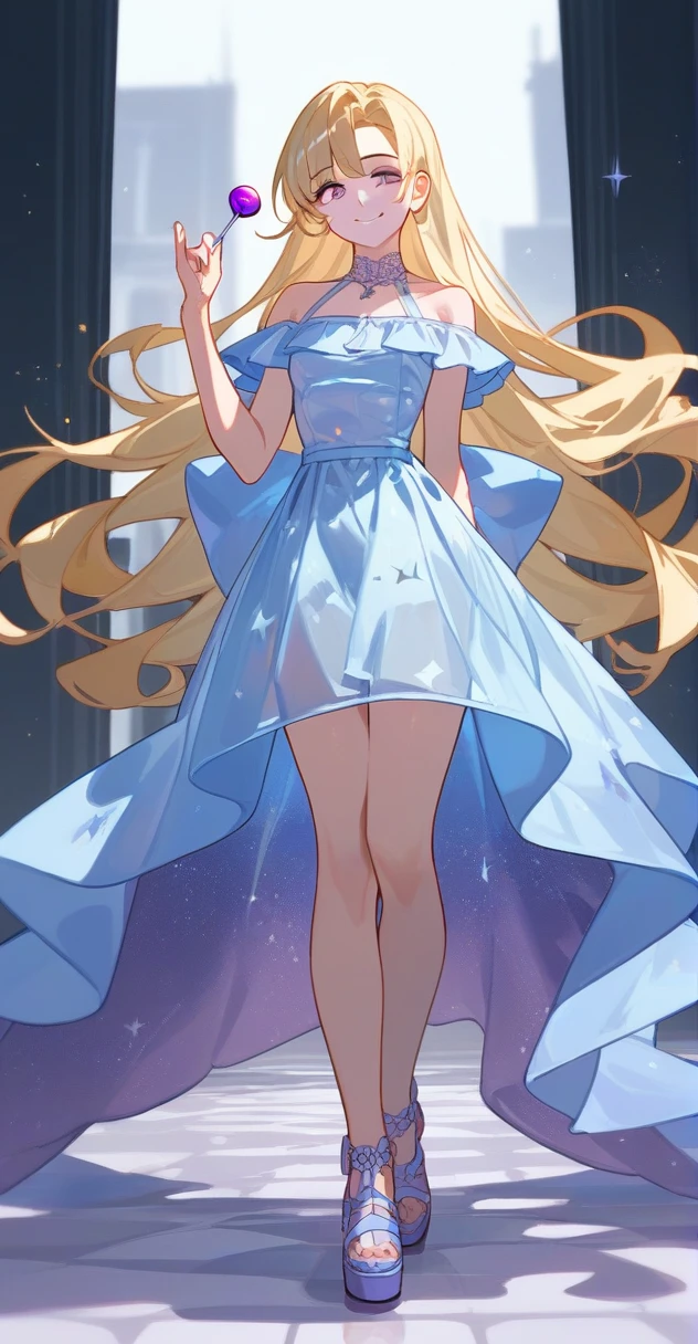 (slime girl:0.6),full_body,((translucent_skin)),(((light blue transparent skin)))Teen girl with long blonde hair and purple eyes with a purple lollipop and a pastel purple and white dress with black buckled shoes smiling and standing onna purple star (masterpiece, best quality),(score_9,score_8_up,score_7_up,score_6_up,score_5_up,score_4_up)