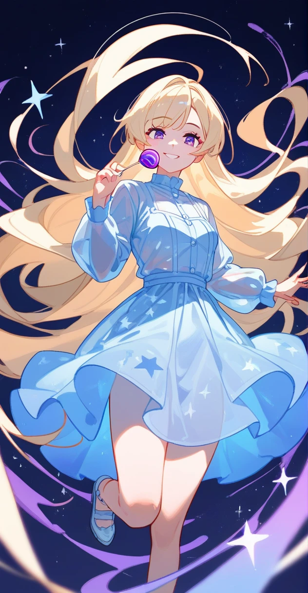 (slime girl:0.6),full_body,((translucent_skin)),(((light blue transparent skin))) girl with long blonde hair and purple eyes with a purple lollipop and a pastel purple and white dress with black buckled shoes smiling and standing onna purple star (masterpiece, best quality),(score_9,score_8_up,score_7_up,score_6_up,score_5_up,score_4_up)