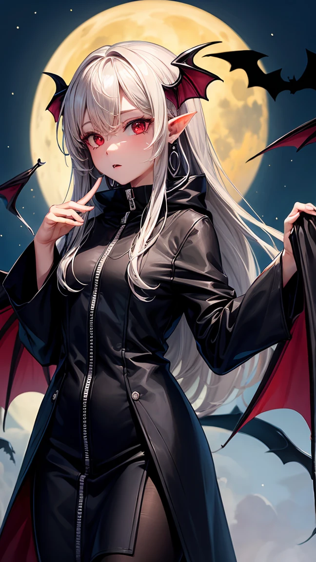 (Highest quality,Very detailed,High resolution:1.2),One Girl,Gray Hair,The most beautiful girl in human history,暗い red eyes (暗いred eyes:1.1),暗い aura(aura:1.1),(mysterious,Ghostly:1.1) atmosphere,Looks like half a demon,(Demonic traits,Devilish Features),(Elaborate,Brilliant) Earrings,Black Stockings,Small Ass,Long coat,Long skirt,Grim Reaper-like Appearance,Has huge bat-like wings,A big full moon shines in the dark night sky