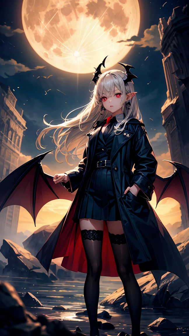 (Highest quality,Very detailed,High resolution:1.2),One Girl,Gray Hair,The most beautiful girl in human history,暗い red eyes (暗いred eyes:1.1),暗い aura(aura:1.1),(mysterious,Ghostly:1.1) atmosphere,Looks like half a demon,(Demonic traits,Devilish Features),(Elaborate,Brilliant) Earrings,Black Stockings,Small Ass,Long coat,Long skirt,Grim Reaper-like Appearance,Has huge bat-like wings,A big full moon shines in the dark night sky