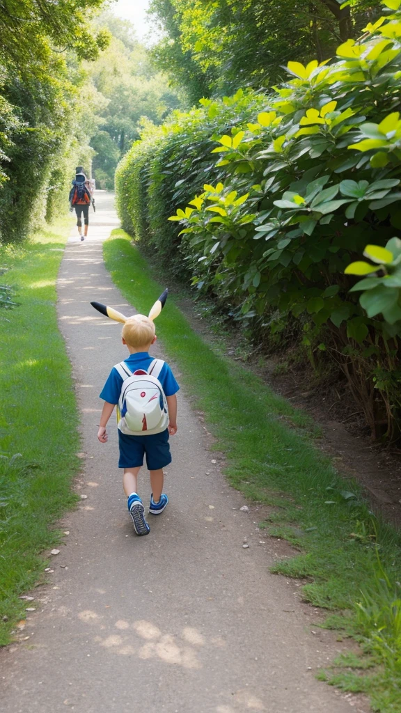 Pokemon Pikachu and a cute boy go on an adventure、Walking along a single path in the grassland