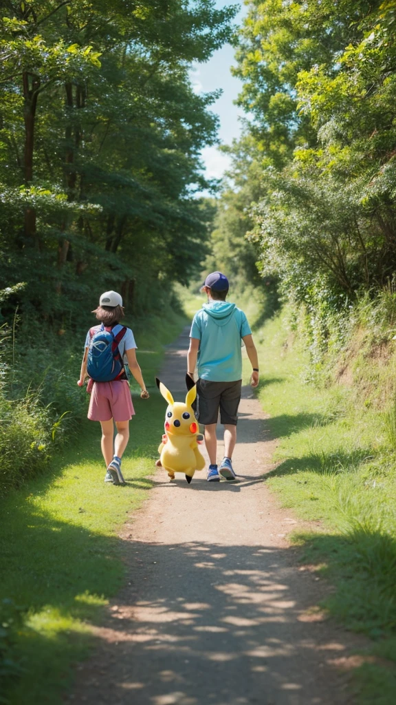 Pokemon Pikachu and a cute boy go on an adventure、Walking along a single path in the grassland