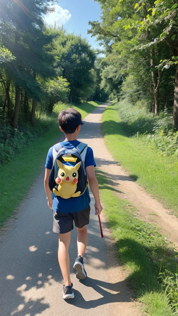 Pokemon Pikachu and a cute boy go on an adventure、Walking along a single path in the grassland