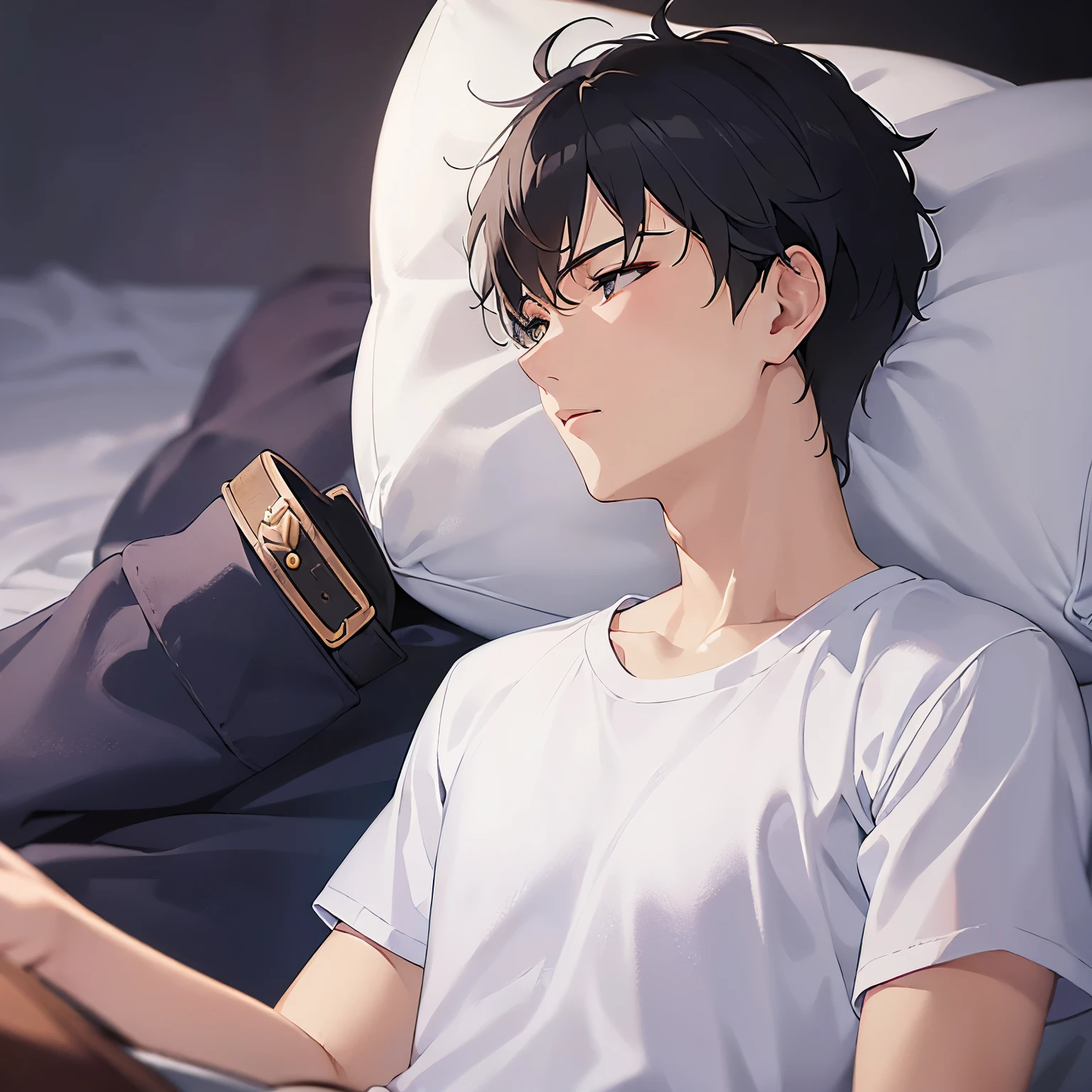 (25-year-old male:1.5) and (Black short hair), (white) and (T-Shirts)、upper body, Side shot、shiny skin, masterpiece、Highest quality、sleeping in the bed, （closed eyes：1.2）,bed（alone:1.5）