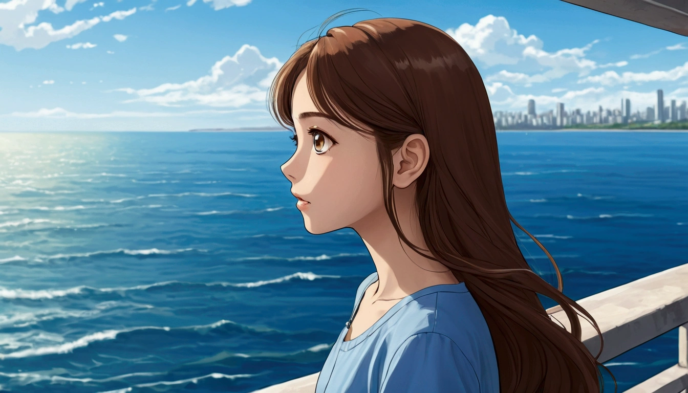 Anime Style, A girl with long brown hair looking at the sea, profile, Ocean Background, Big eyes, beautiful, City pop fashion, The sea spreads out before your eyes