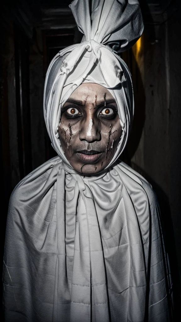 Pocong. Scary face. Skeleton face. Real ghost. Realistic, hdr. Flashlights direct to subject in dark place.. white eyes. Real scary . pale face. No pupil in eyes. Eyes pop up.