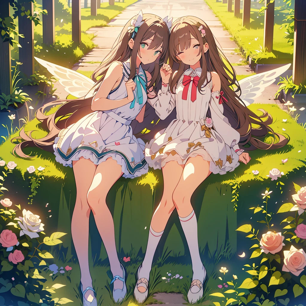 kawaii, anime, Cute, hyper quality, highly detailed, 8k, Front facing, Clarity, dark brown long hair, smile, green eyes, white rose, Set in Alice's Wonderland, planted white roses, white rose petals are dancing, Draw facial expressions in detail, striped overknee socks, Alice's maid costume with big ribbon, pocket watch, playing cards, clock, fairy tale, fantasy, shine of light, close both eyes, close your eyes and smile, The bodies of the two sisters dance, Gradation of evening and night sky, full moon and crescent moon, whole body, Twisted trees of different sizes, twisted ivy, Both sisters have long dark brown hair., white roses bloom, white rose petals, small angel wings on the back, Tightened by thick rose vines, The sky dyed in twilight, fairy tale accessories, ribbon headband, undulating rose vine, 