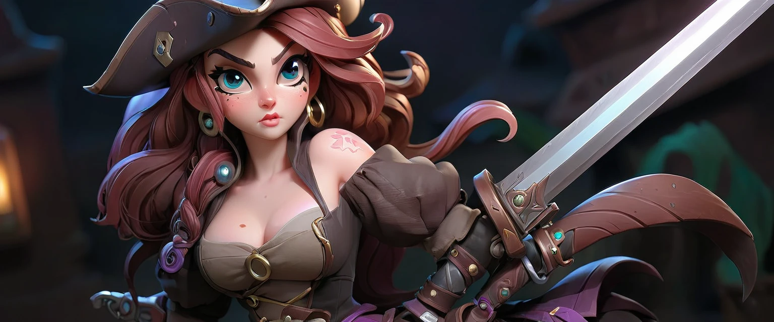 Close-up of a cartoon pirate girl holding a sword and chest, Miss Doom, League of Legends, pirate queen, Corsair, hero character art, female pirate captain, Detailed character art, 官方Character art, Winner of the Character Design Contest, Character ink art, Character art, Epic Mage Girl Character, 3D Rendered Official Art, woman