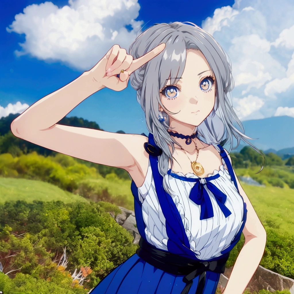 Golden Eyes、Golden Eyes、Anime girl with gray hair and blue clothes pointing at something, Realistic Anime 3D Style, Cute 3D anime girl render, Realistic young anime girl, Anime Style3D, Anime Style, Realistic anime art style, Anime Styleに, , Semi-realistic anime style, Smooth anime CG art, April Rendering, Photorealistic anime girl rendering