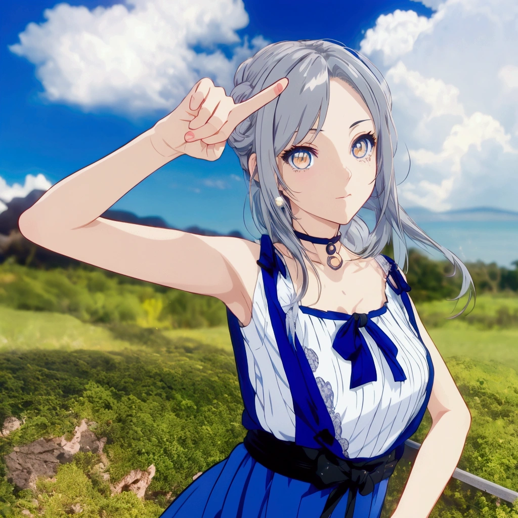 Golden Eyes、Golden Eyes、Anime girl with gray hair and blue clothes pointing at something, Realistic Anime 3D Style, Cute 3D anime girl render, Realistic young anime girl, Anime Style3D, Anime Style, Realistic anime art style, Anime Styleに, , Semi-realistic anime style, Smooth anime CG art, April Rendering, Photorealistic anime girl rendering