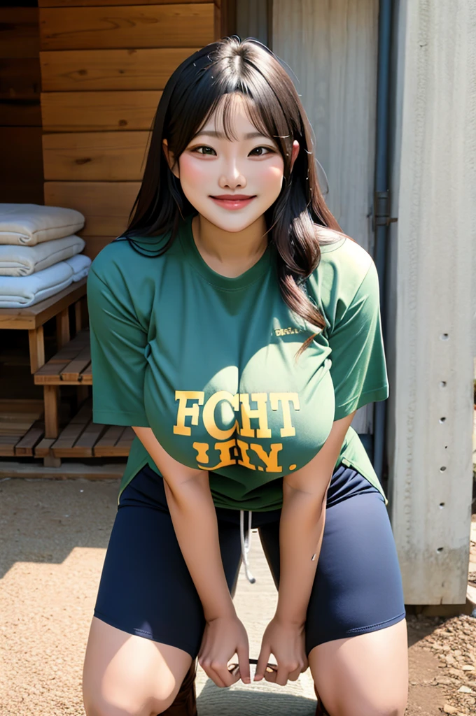 big breast, standing, shirt, smile, big areola, tranparent cloth, squatting, speard legs,