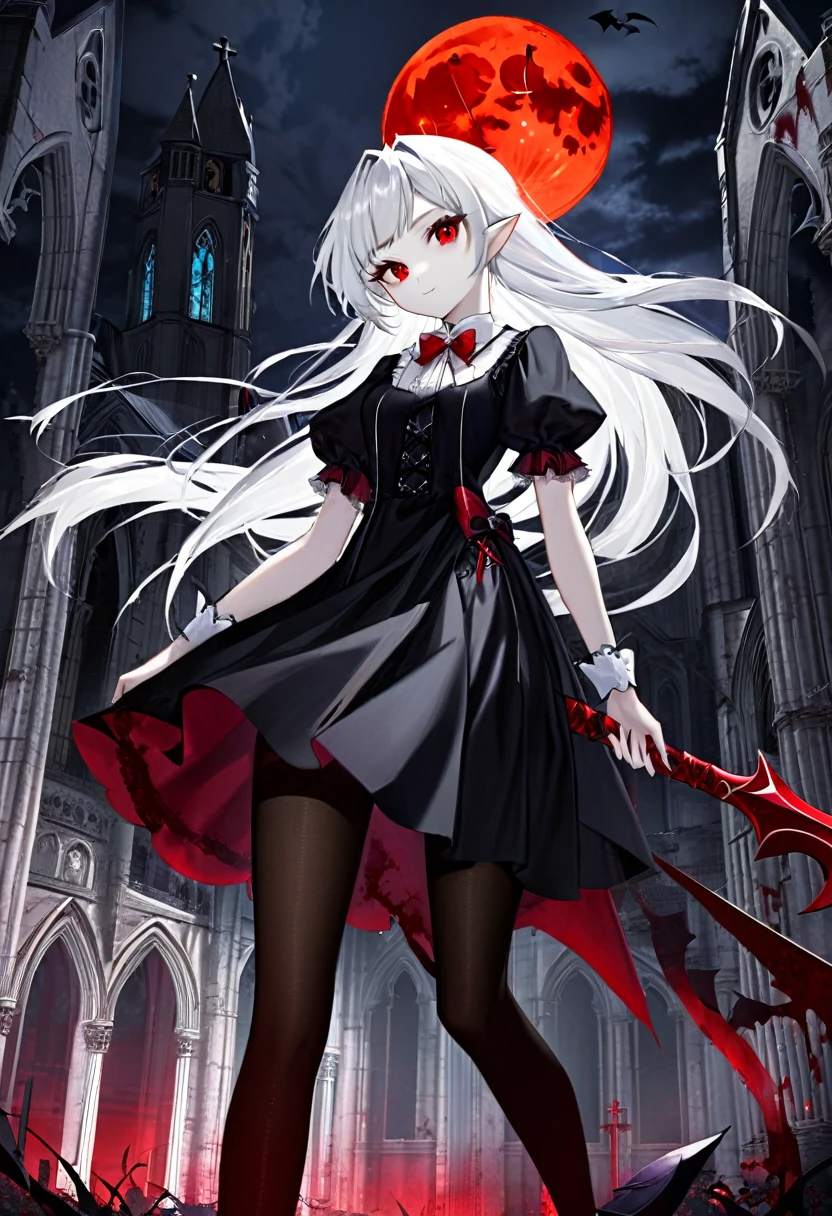 1 teenager girl, vampire, elf, young, black gothic dress, black tights, red eyes, white hair with bow, red scythe, scythe, against the backdrop of the red moon, abandoned gothic church, night, looking at viewer, majestic pose, dark, blood, 8k, masterpiece, high res, ultrasharp.