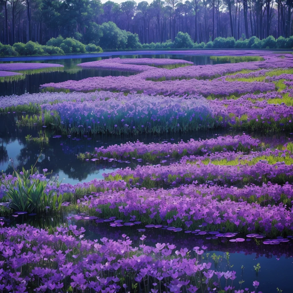 purple flowers are growing near a body of water, a digital rendering by Robert Brackman, flickr, sōsaku hanga, spirited water plants, vicious snapping alligator plant, aquatic plants, river with low hanging plants, vegetation and flowers, mediumslateblue flowers, marsh vegetation, aquatical plants, beautiful image, blue and purple plants