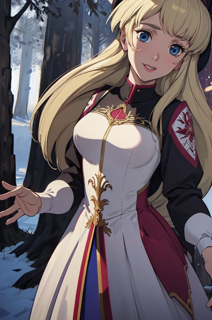 (masterpiece:1.1), (best quality:1.1), 1girl, Real light and shadow, anime face, 4k, 8k, wallpaper,epic, detail texture, blonde hair, (blue eyes:1.5), ((((blond hair:1.35, long hair)))),intricate eyes,beautiful detailed eyes, (symmetrical eyes,big eyes:1.5,(((lustrous skin:1.5,bright skin: 1.5,skin tanned,shiny skin,very shiny skin,shiny body,plastic glitter skin,exaggerated shiny skin,illuminated skin))),(detailed body,(detailed face)), cute, erotic,daring, (((medieval man armor, fur hat, adventurer man armor,winter coat))),(((intricate outfit,intricate clothes, embroidered outfit,ornate outfit,embroidered clothes,ornate clothing))), (dynamic pose:1.0),happy,smile,(centered,scale to fit dimensions,Rule of thirds), ((snowy pine forest at night)), with dark stormy clouds,winter,scenery:1.25,((snow forest background)),Christmas tree, highres,sharp focus,(ultra detailed,extremely detailed),(photorealistic artwork:1.37),(extremely detailed CG unity 8k wallpaper),(((vibrant colors,vibrant theme))),(intricate),(masterpiece),(best quality),
