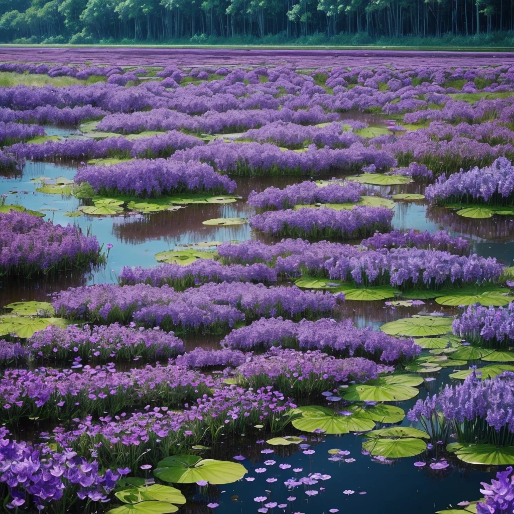 purple flowers are growing near a body of water, spirited water plants, vicious snapping alligator plant, aquatic plants, river with low hanging plants, vegetation and flowers, mediumslateblue flowers, marsh vegetation, aquatical plants, beautiful image, blue and purple plants, indigo blooming flowers garden, bullrushes, 2000s photo, salvia