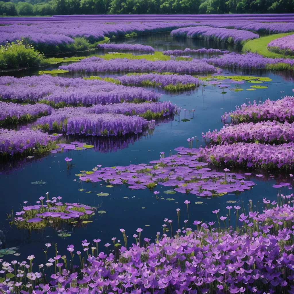 purple flowers are growing near a body of water, a digital rendering by Robert Brackman, flickr, sōsaku hanga, spirited water plants, vicious snapping alligator plant, aquatic plants, river with low hanging plants, vegetation and flowers, mediumslateblue flowers, marsh vegetation, aquatical plants, beautiful image, blue and purple plants