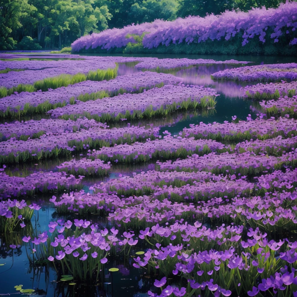 purple flowers are growing near a body of water, a digital rendering by Robert Brackman, flickr, sōsaku hanga, spirited water plants, vicious snapping alligator plant, aquatic plants, river with low hanging plants, vegetation and flowers, mediumslateblue flowers, marsh vegetation, aquatical plants, beautiful image, blue and purple plants