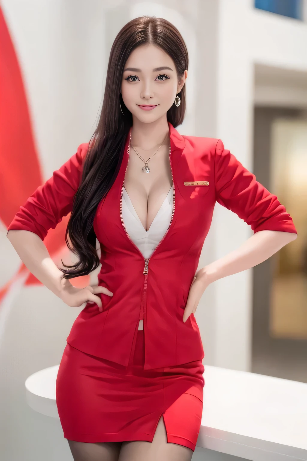 (masterpiece:1.2, Highest quality:1.2), 32k HDR, High resolution, (alone, 1 Girl), (AirAsia stewardess uniform realistic style), A proper woman, Beautiful Face, Brown Hair, (Long hair down to the legs), (Red jacket:1.1, Unzipped jacket, Unbuttoned white shirt:1.05, Red mini skirt:1.1, pantyhose),(Showing big through cleavage in unbuttoned white shirt)、(long hair that reaches down to the legs)、Perfect slim body:1.1, Huge breasts, huge breasts cleavage, Detailed skin texture, Beautiful Eyes, (Attractive look:1.2), necklace、Earrings、(forward leaning posture:1.5), On the roof of a building, Rooftop at daytime,blue eyes、Hands should be lowered