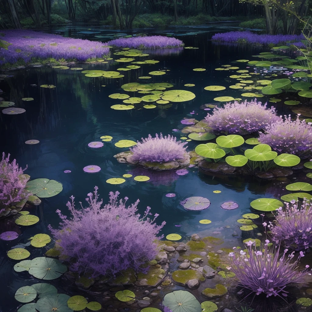 purple flowers are growing near a body of water, a digital rendering by Robert Brackman, flickr, sōsaku hanga, spirited water plants, vicious snapping alligator plant, aquatic plants, river with low hanging plants, vegetation and flowers, mediumslateblue flowers, marsh vegetation, aquatical plants, beautiful image, blue and purple plants