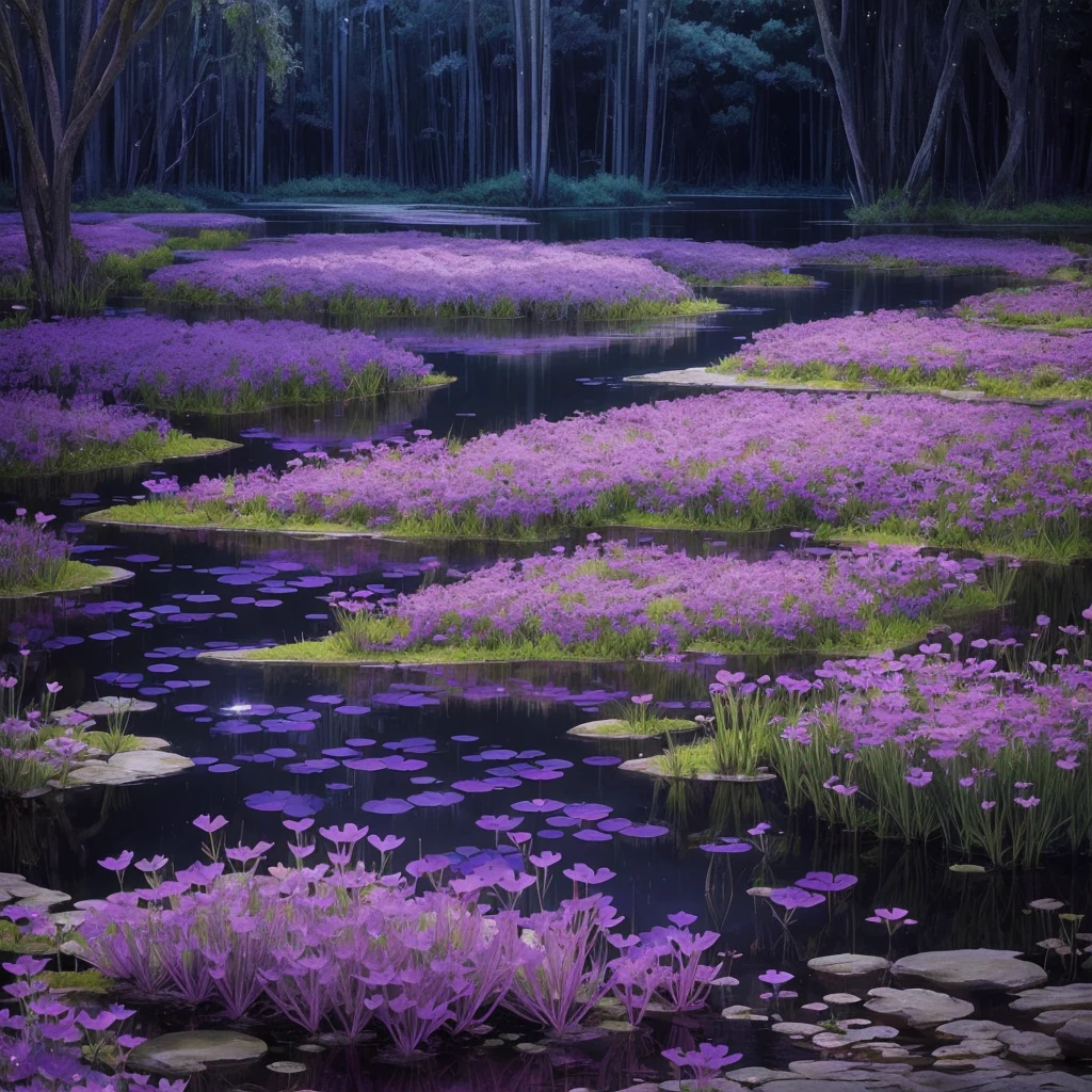 purple flowers are growing near a body of water, a digital rendering by Robert Brackman, flickr, sōsaku hanga, spirited water plants, vicious snapping alligator plant, aquatic plants, river with low hanging plants, vegetation and flowers, mediumslateblue flowers, marsh vegetation, aquatical plants, beautiful image, blue and purple plants
