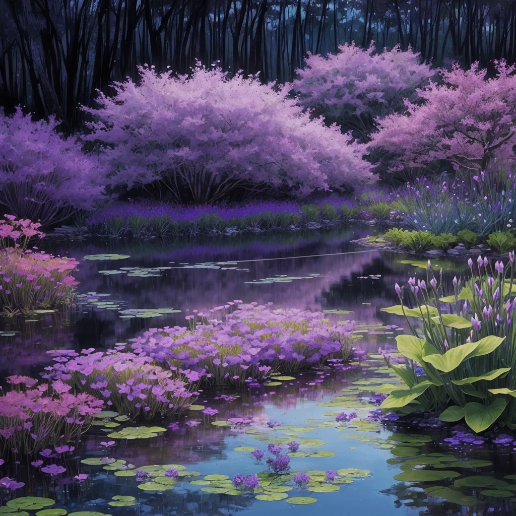 purple flowers are growing near a body of water, a digital rendering by Robert Brackman, flickr, sōsaku hanga, spirited water plants, vicious snapping alligator plant, aquatic plants, river with low hanging plants, vegetation and flowers, mediumslateblue flowers, marsh vegetation, aquatical plants, beautiful image, blue and purple plants
